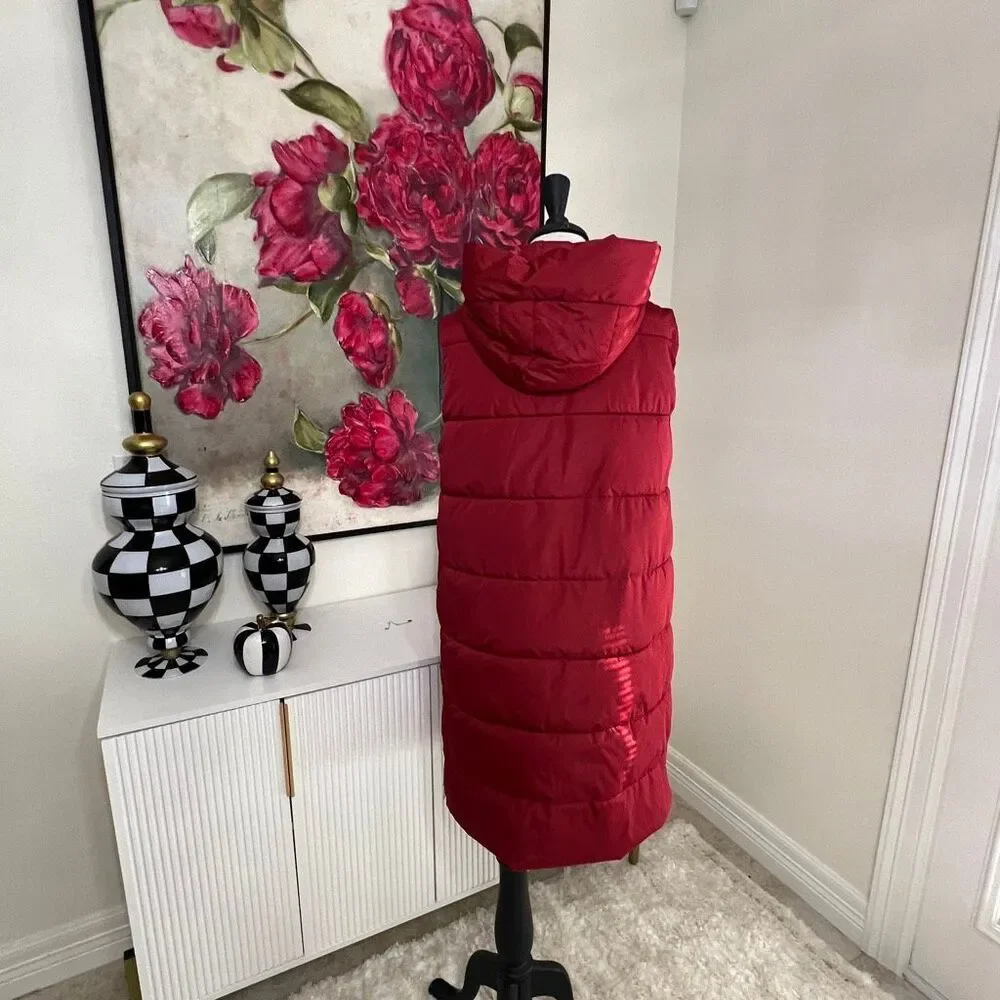 Women's Hooded Sleeveless Quilted Long Down Full Zip Puffer Vest Burgundy Small